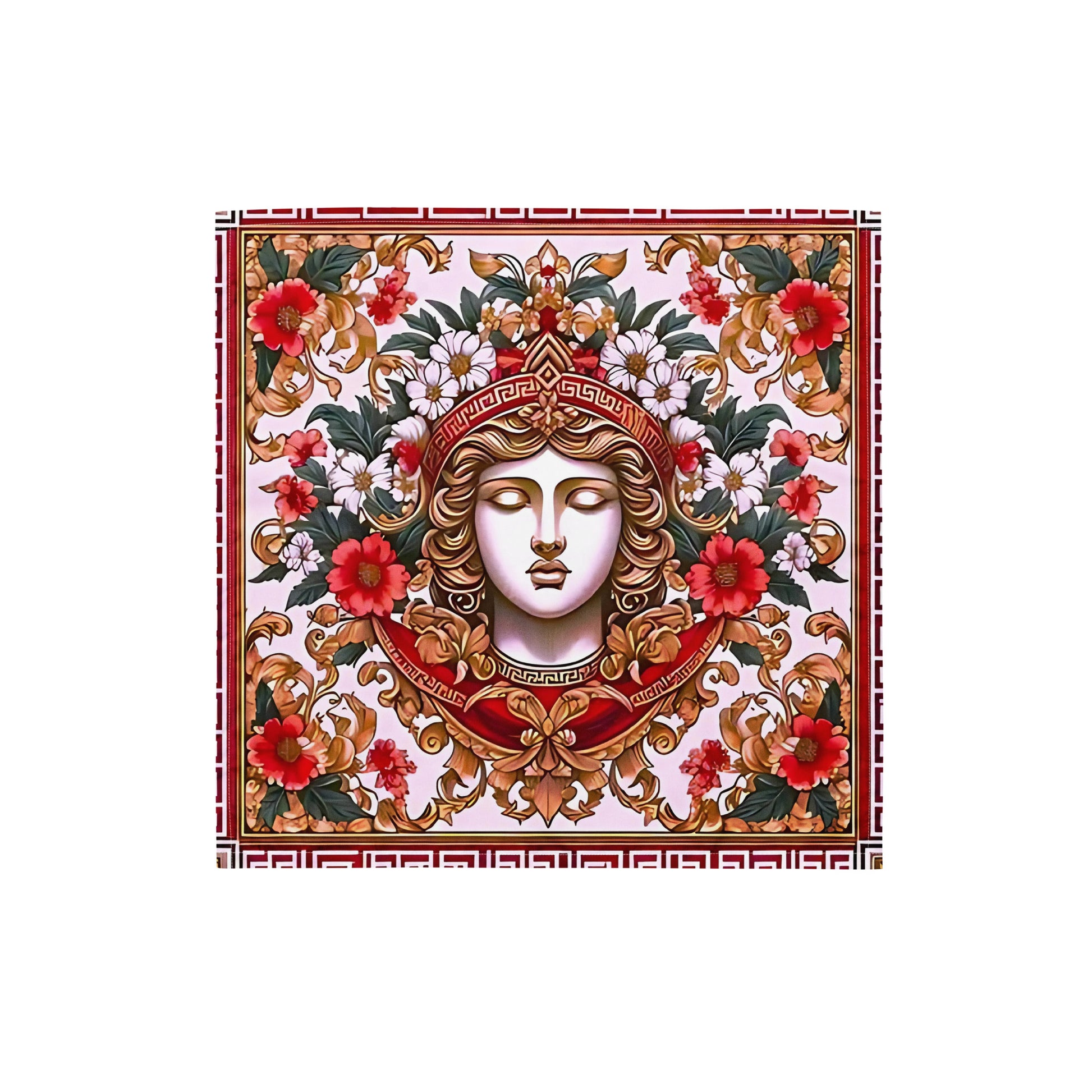 A bandana featuring an intricate floral and geometric design with a central figure adorned with a crown and flowers.