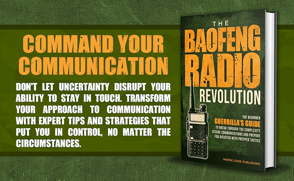 Book titled 'The Baofeng Radio Revolution' with promotional text on a green background