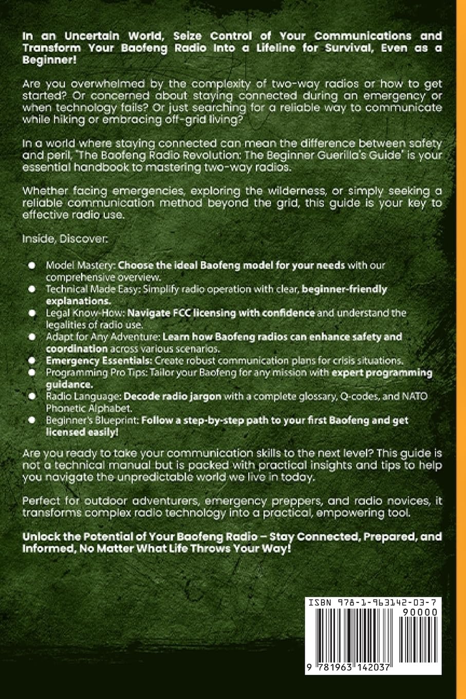 Back cover of a book about Baofeng radio communication, with text and a green background.