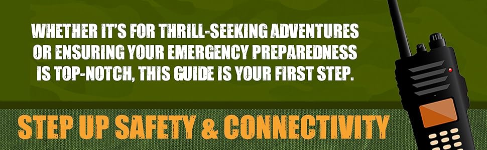 Black walkie-talkie on a green background with text about safety and connectivity.