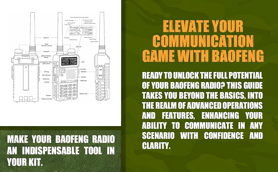 Book about Baofeng radio advertisement with text on a green background