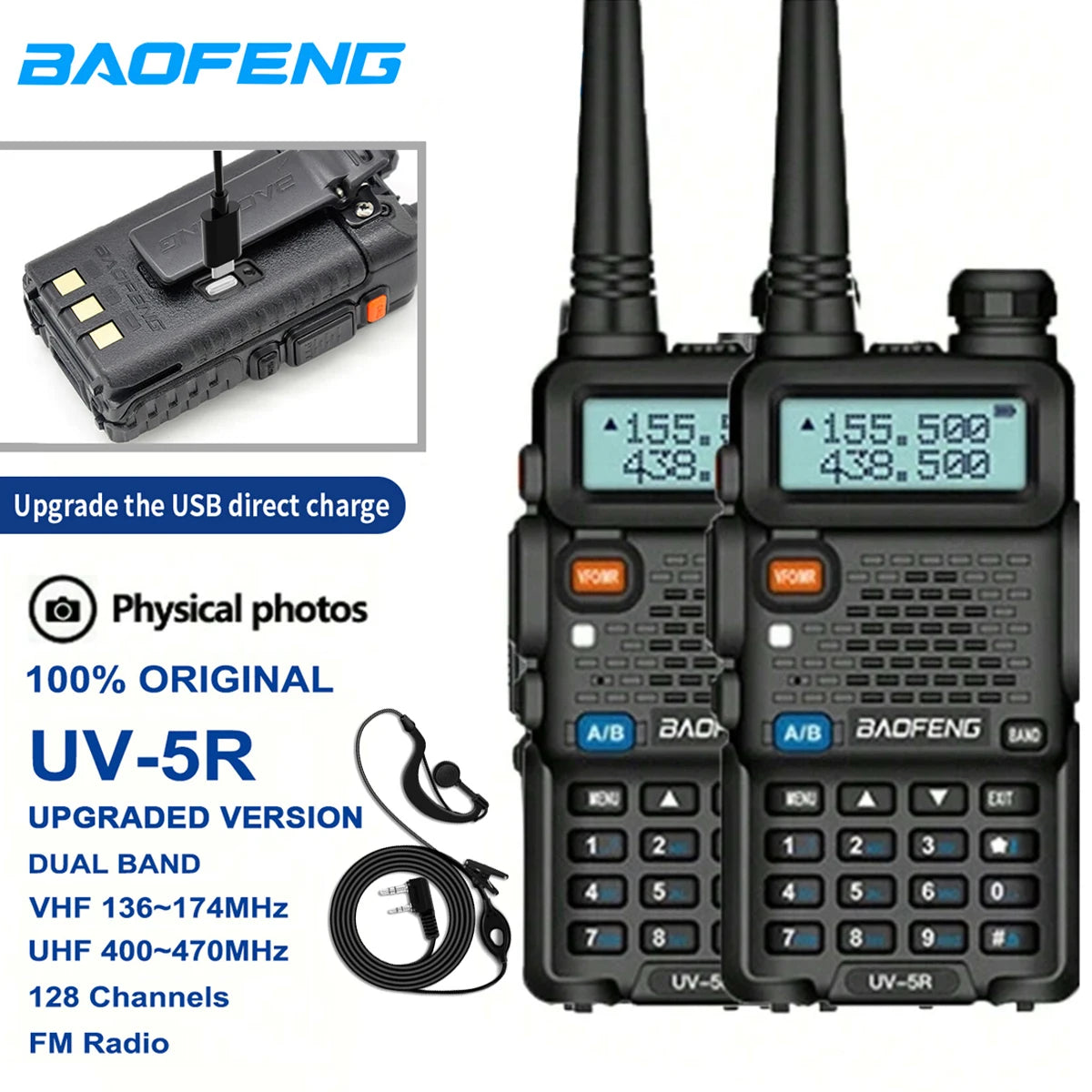 Baofeng UV-5R walkie talkies with USB charger and earbud on a white background