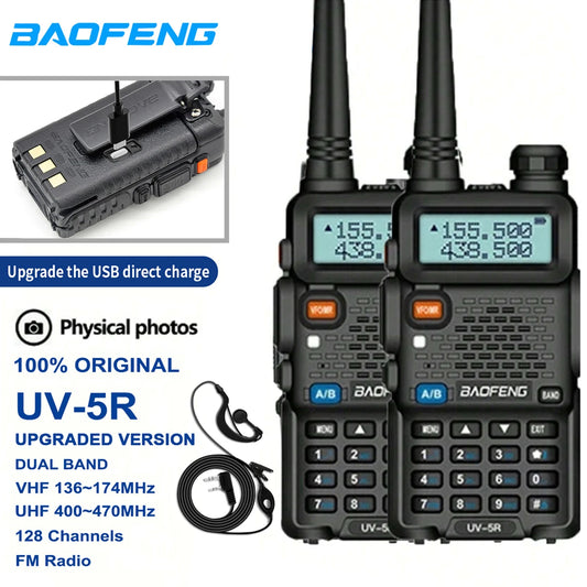 Baofeng UV-5R walkie talkies with USB charger and earbud on a white background