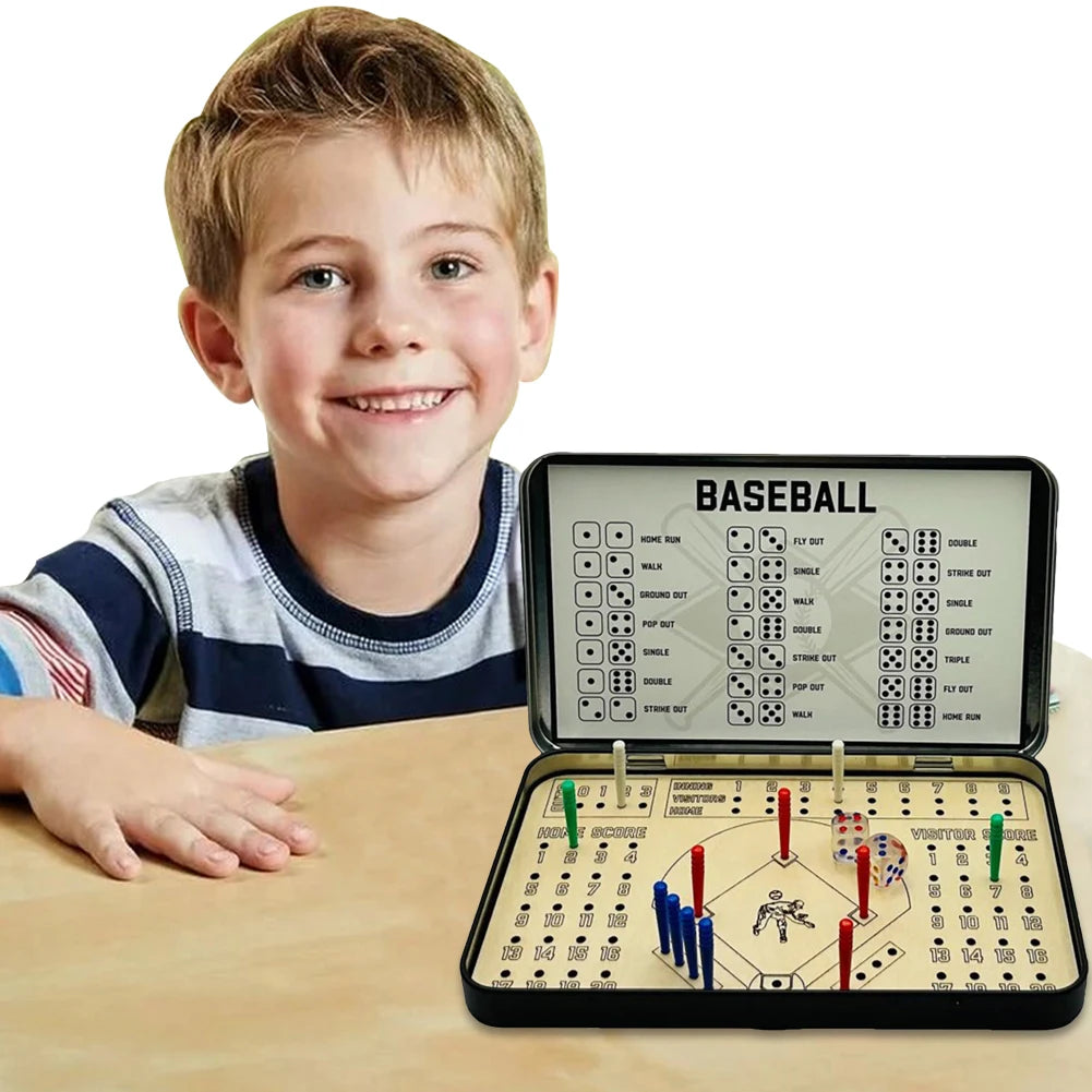 Child with a baseball-themed board game on a table