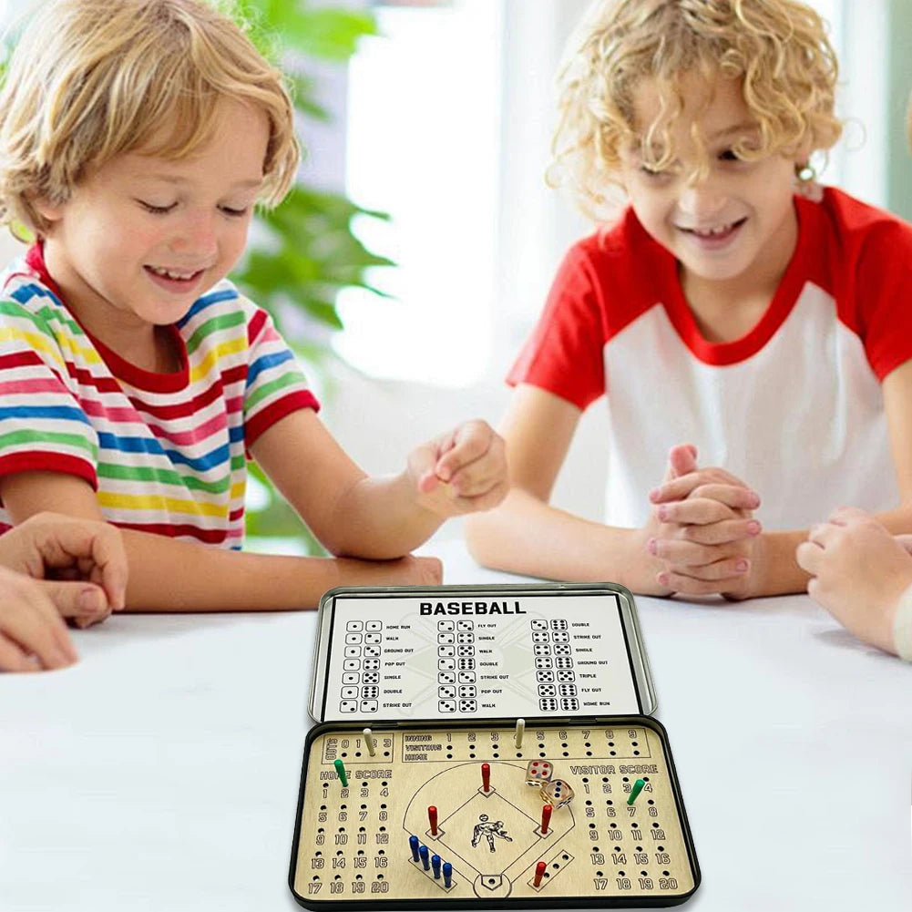 Two children playing with a baseball-themed board game set on a table.