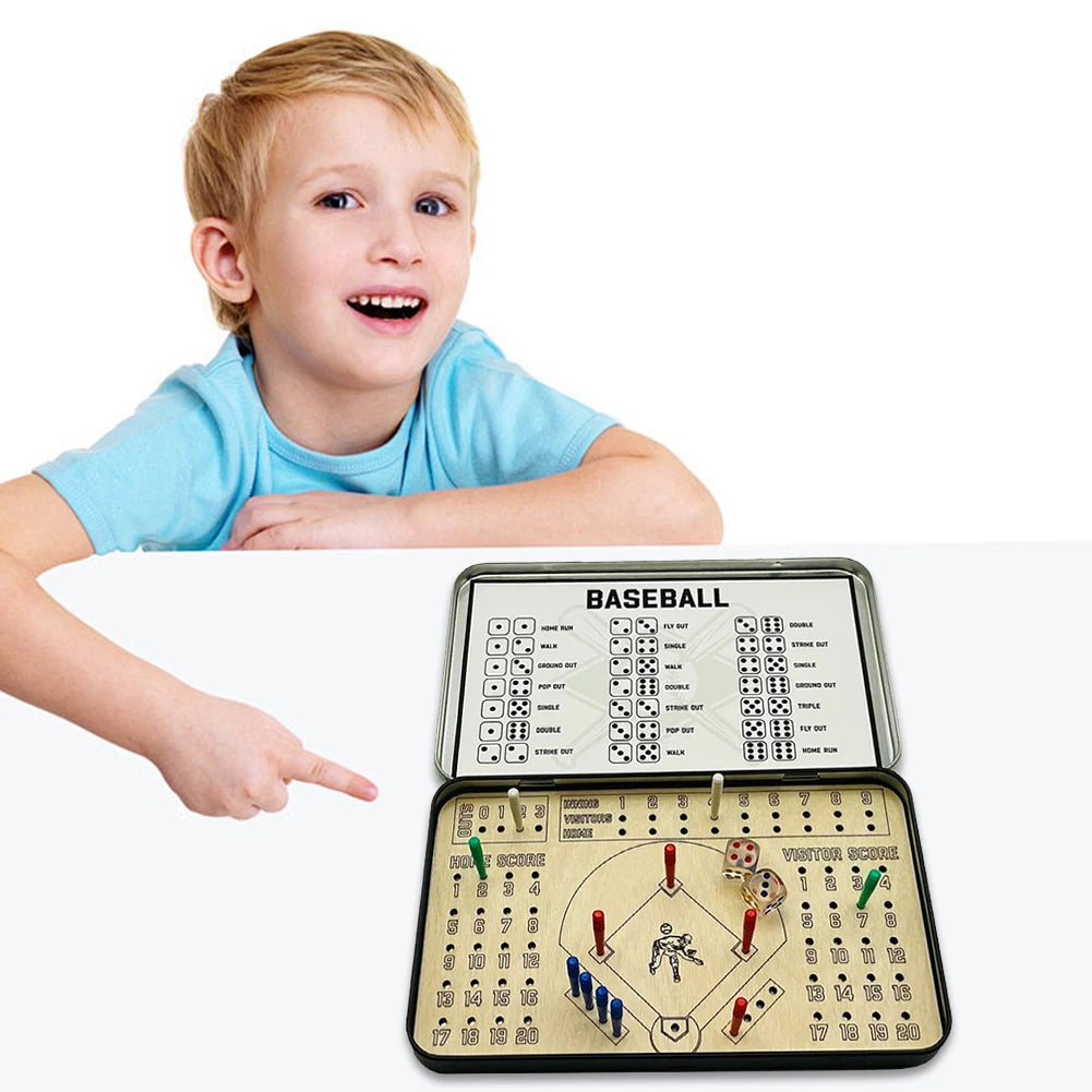 Child pointing at a baseball-themed board game set on a white background
