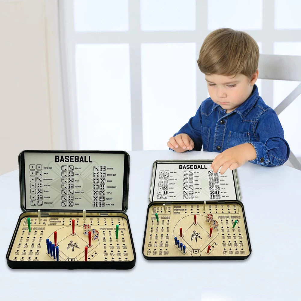 Child playing with a baseball scoreboard board game set on a table.