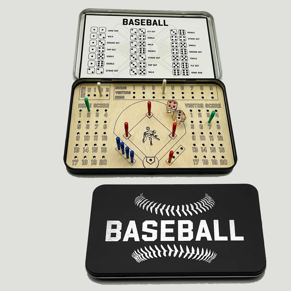 Baseball-themed board game set with scorecard and pieces on a white background