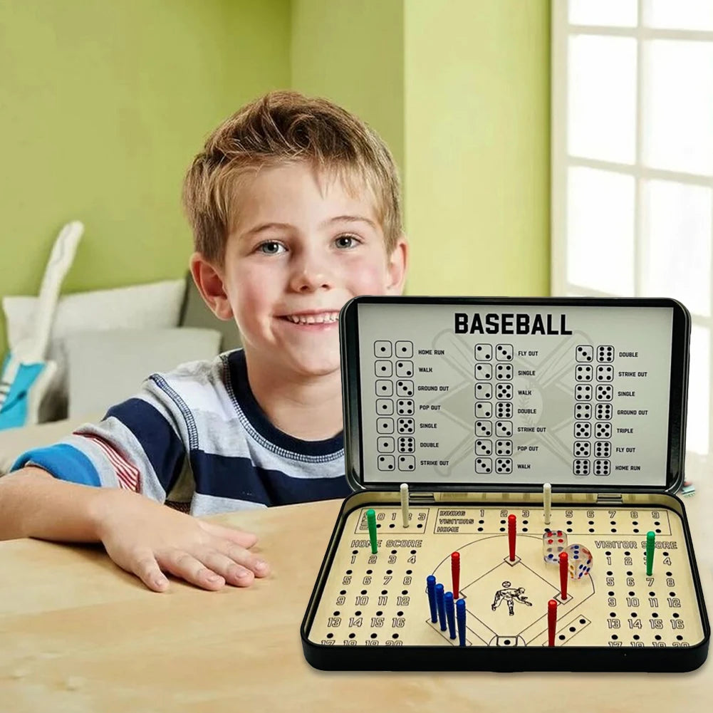 Child playing with a baseball-themed board game set on a table.