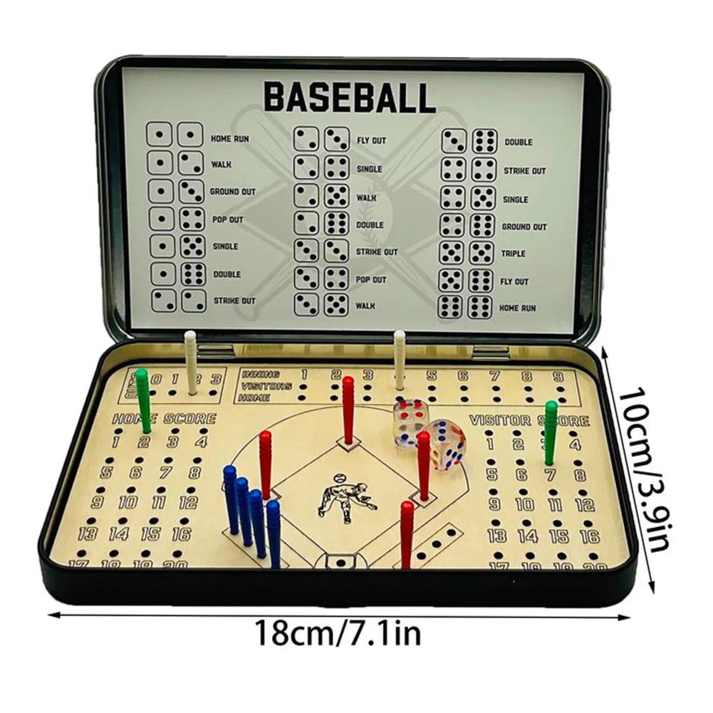 Baseball dice game set with instructions and measurements on a white background