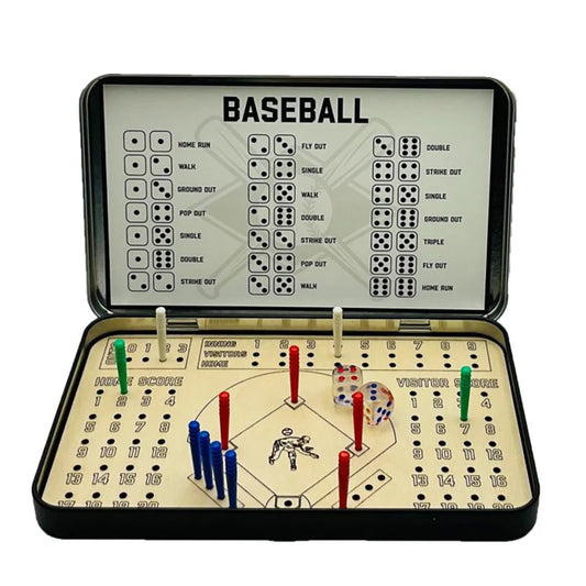Baseball-themed board game set with dice and scorekeeping components on a white background