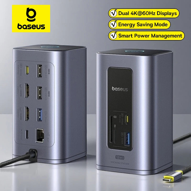 Two baseus docking stations with features listed on a gray background