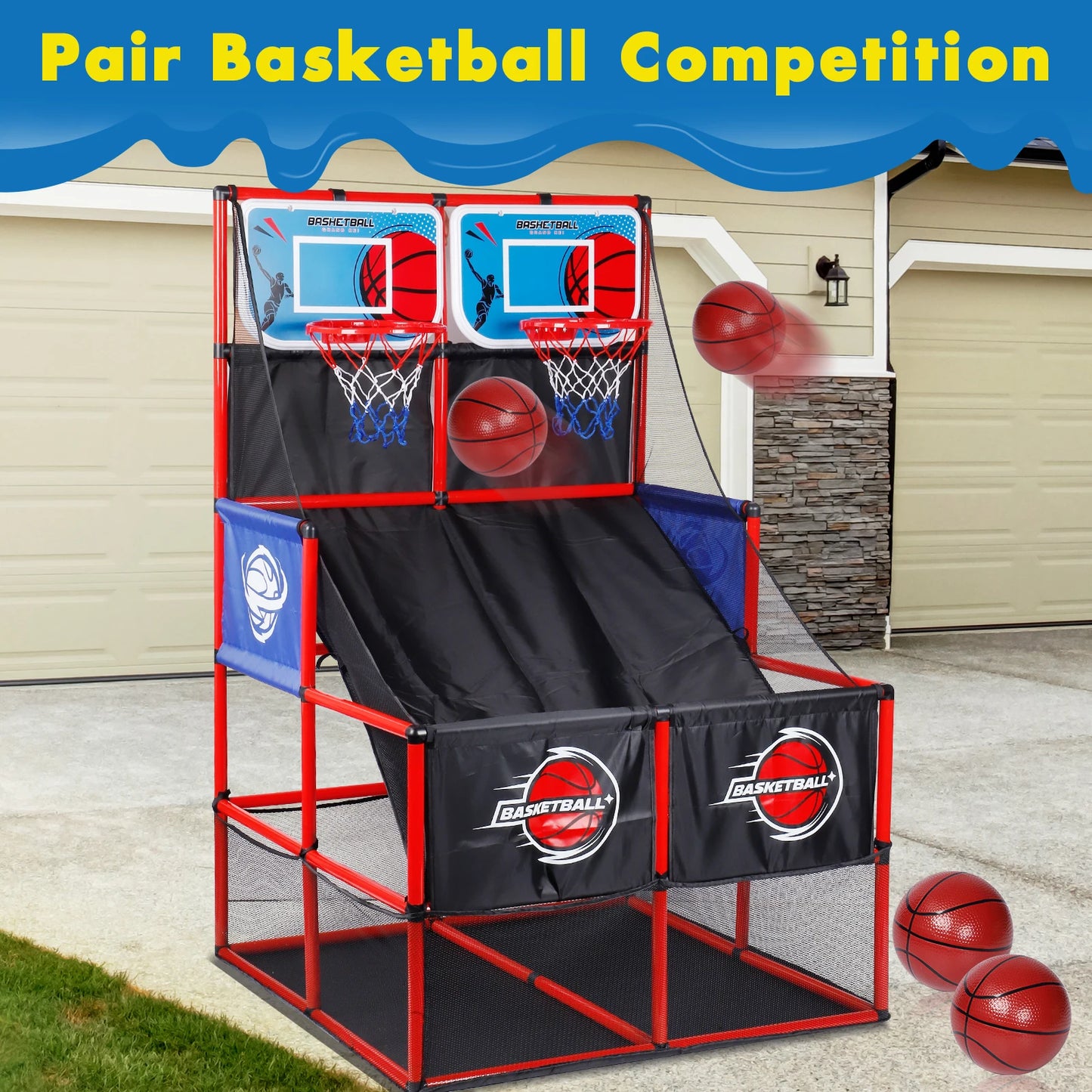 Basketball arcade game with two hoops and multiple balls on a driveway.