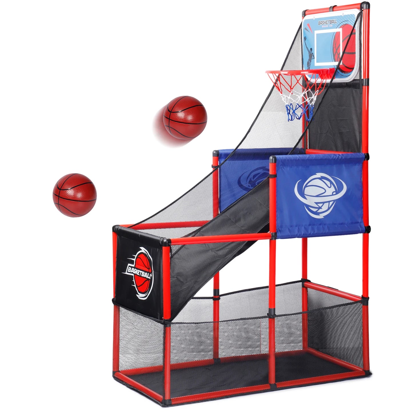 Children's basketball hoop set with two basketballs on a white background