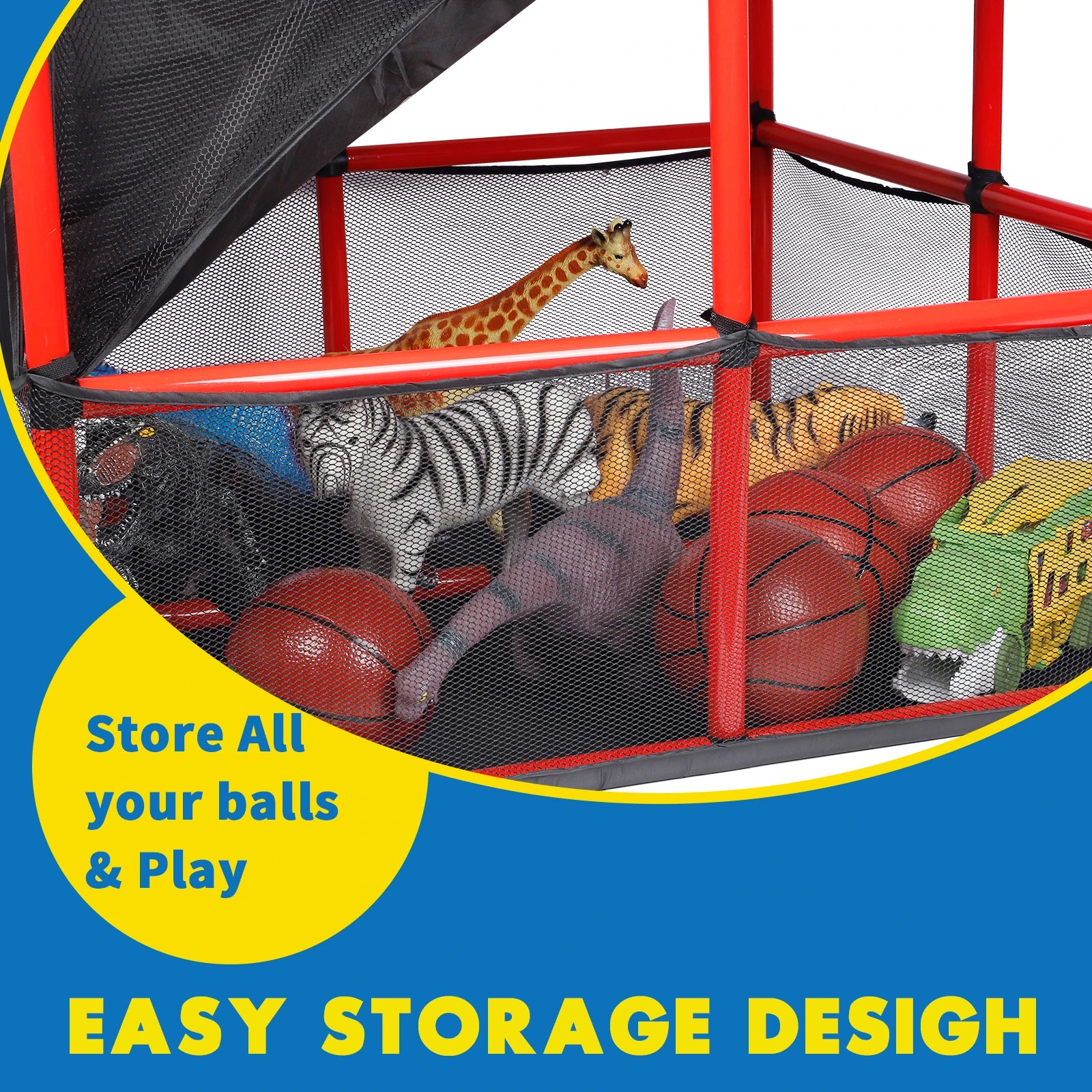 Toy storage net with balls and animals inside, labeled 'Easy Storage Design'.