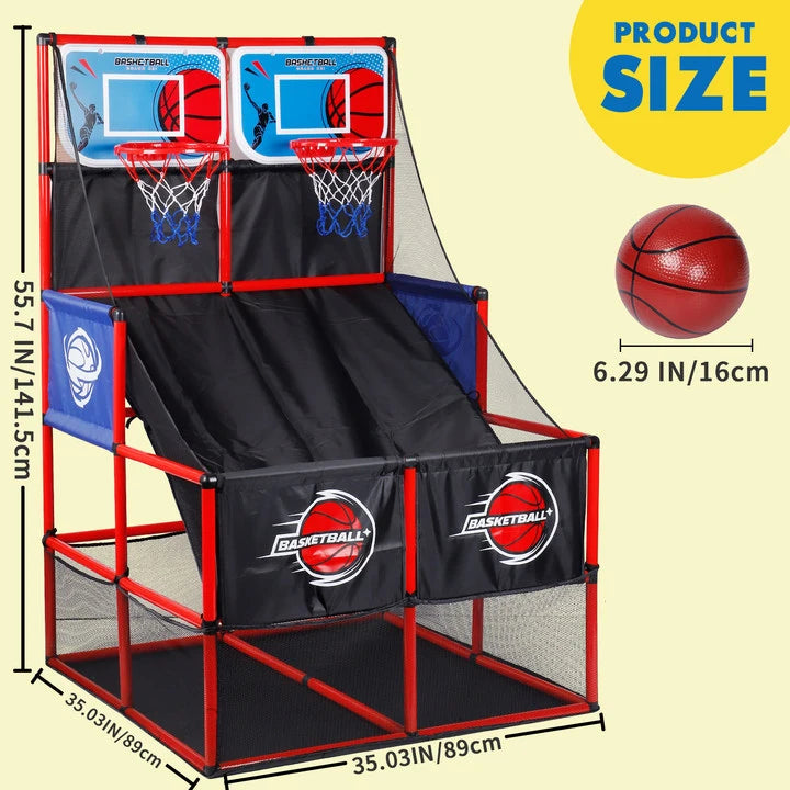 Children's basketball hoop set with two backboards, basketball, and measurements on a beige background.