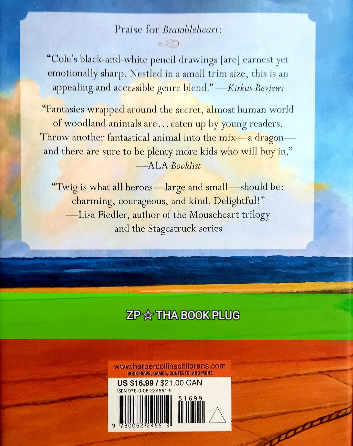 Back cover of the book 'Bayberry Island' by Henry Cole featuring a colorful illustration of a chipmunk with a sail in the background.