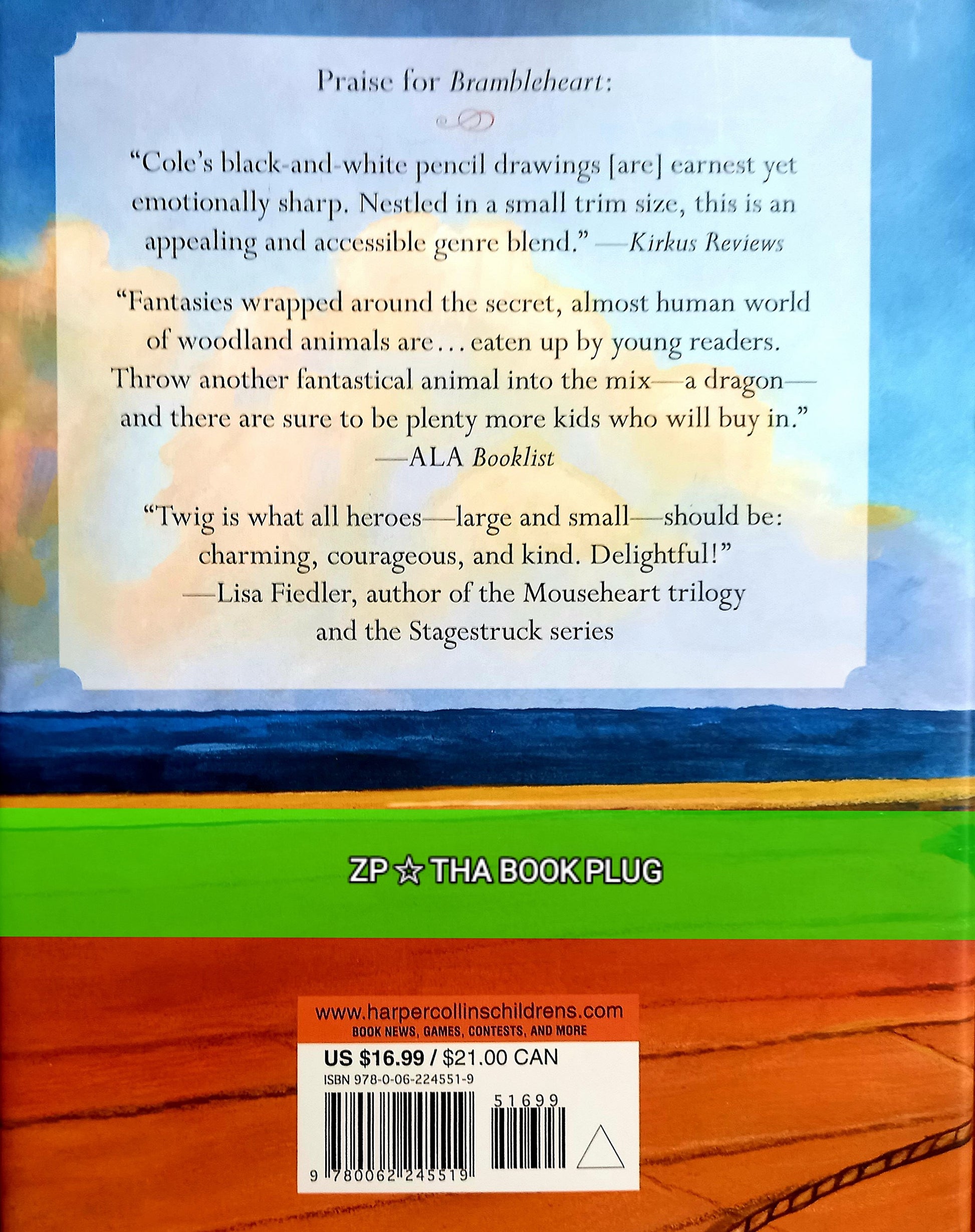 Back cover of the book 'Bayberry Island' by Henry Cole featuring a colorful illustration of a chipmunk with a sail in the background.