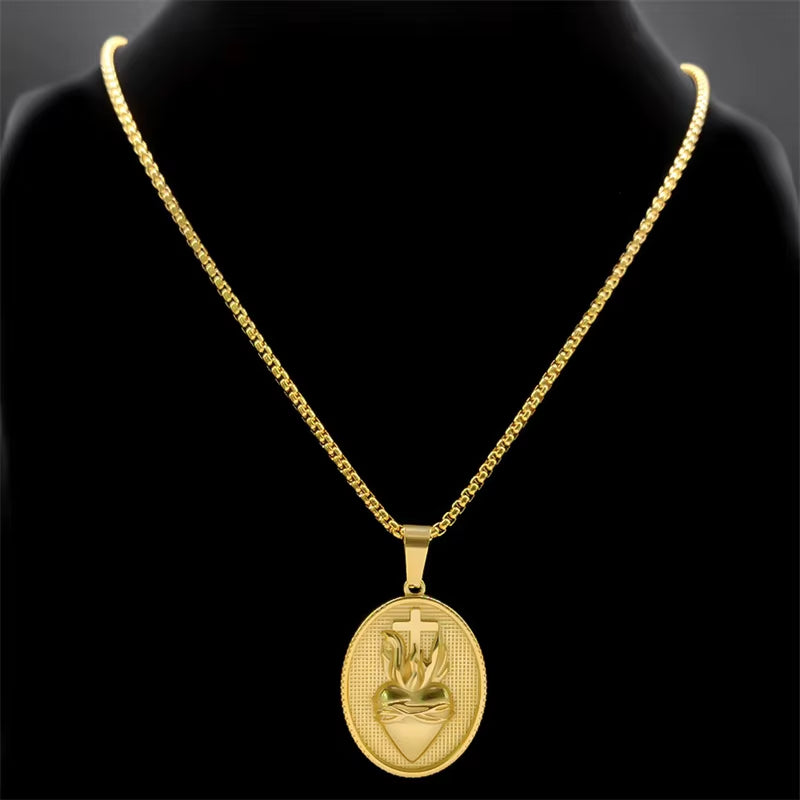 Sacred Heart of Jesus Stainless Steel Gold Colored Necklace