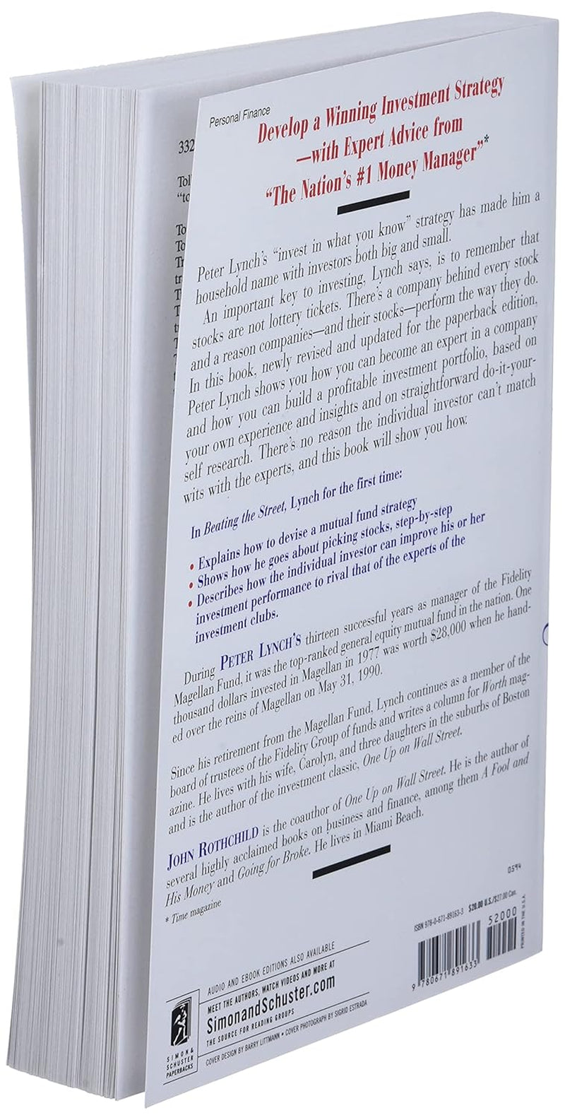 Book back cover of 'Beating the Street' by Peter Lynch, featured at an upright and angled view, with the book synopsis, author's bio, publisher data, title of the book, and other relevant data.
