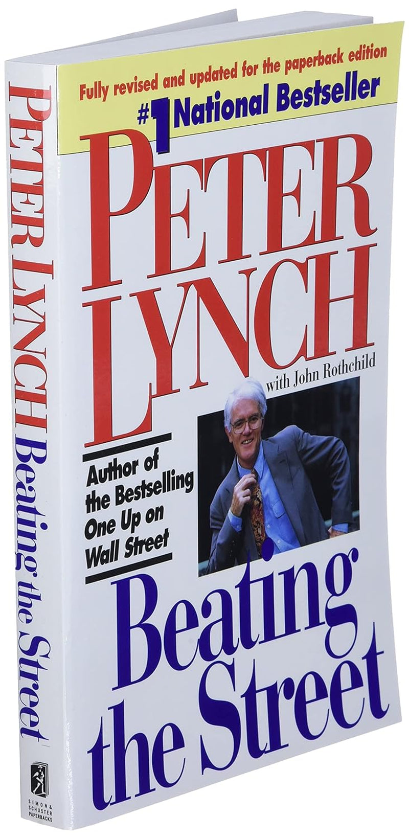 Book front cover of 'Beating the Street' by Peter Lynch at an upright angled display, featuring the author's portrait and the title of the book.