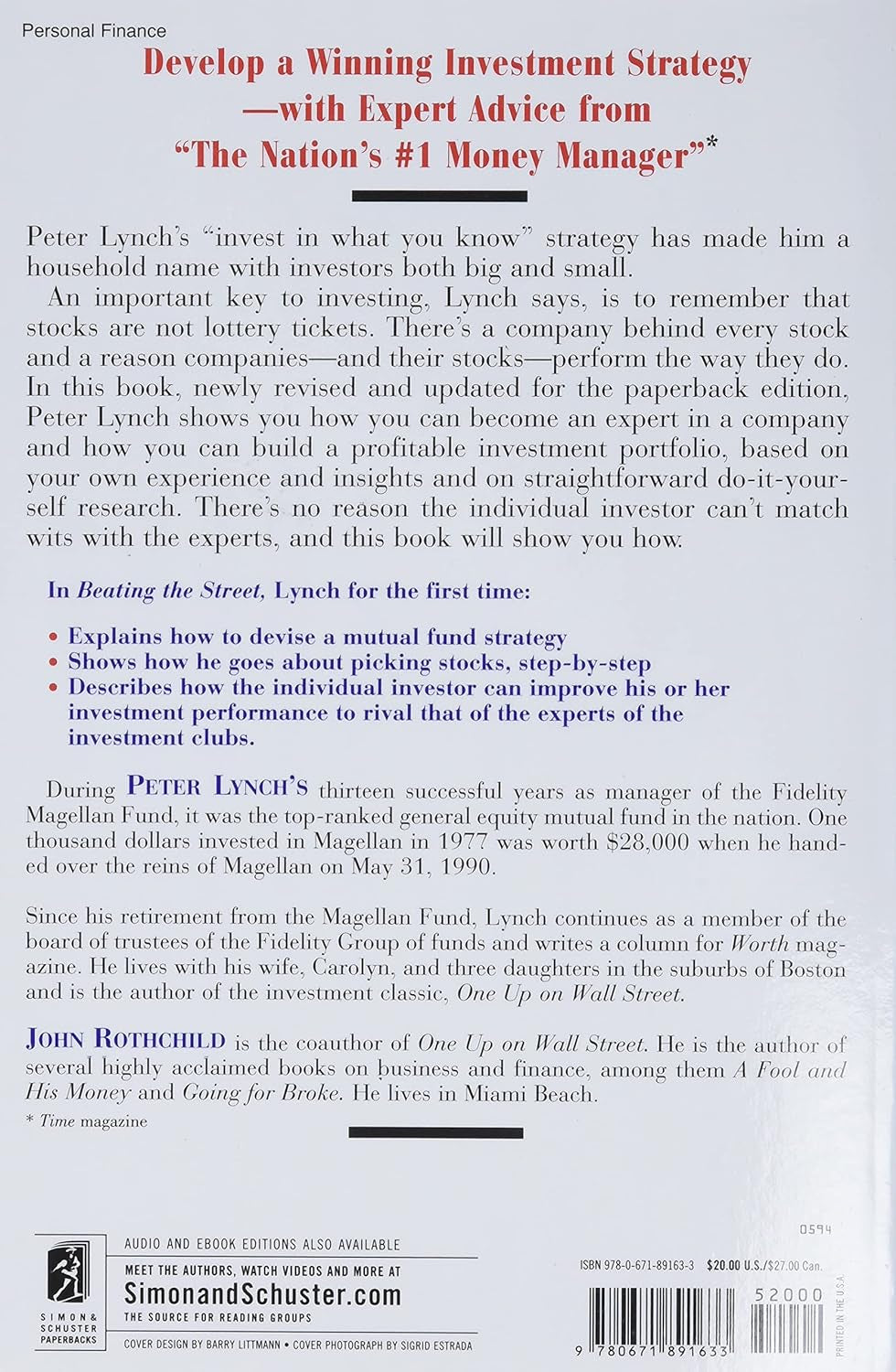Book back cover of 'Beating the Street' by Peter Lynch, featuring the synopsis, author's bio, publisher data, title of the book, and other relevant data.