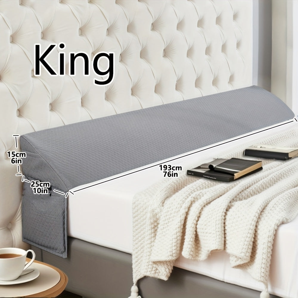 Grey mattress cover on a bed with dimensions labeled, set against a white tufted headboard.
