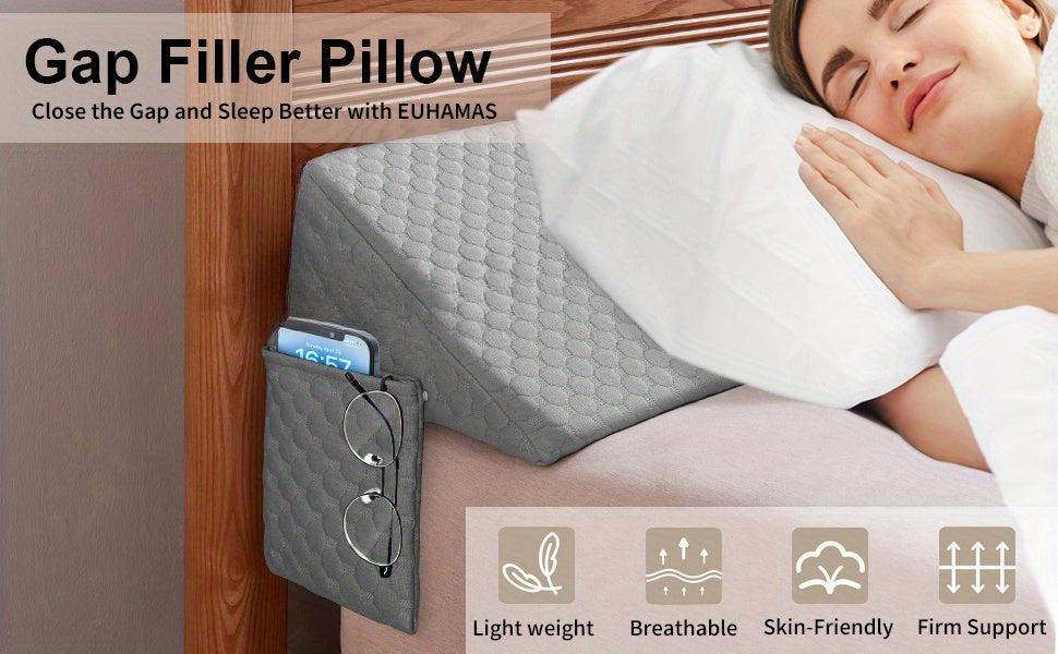 Woman sleeping comfortably with a gap filler pillow, featuring textured fabric and product benefits.