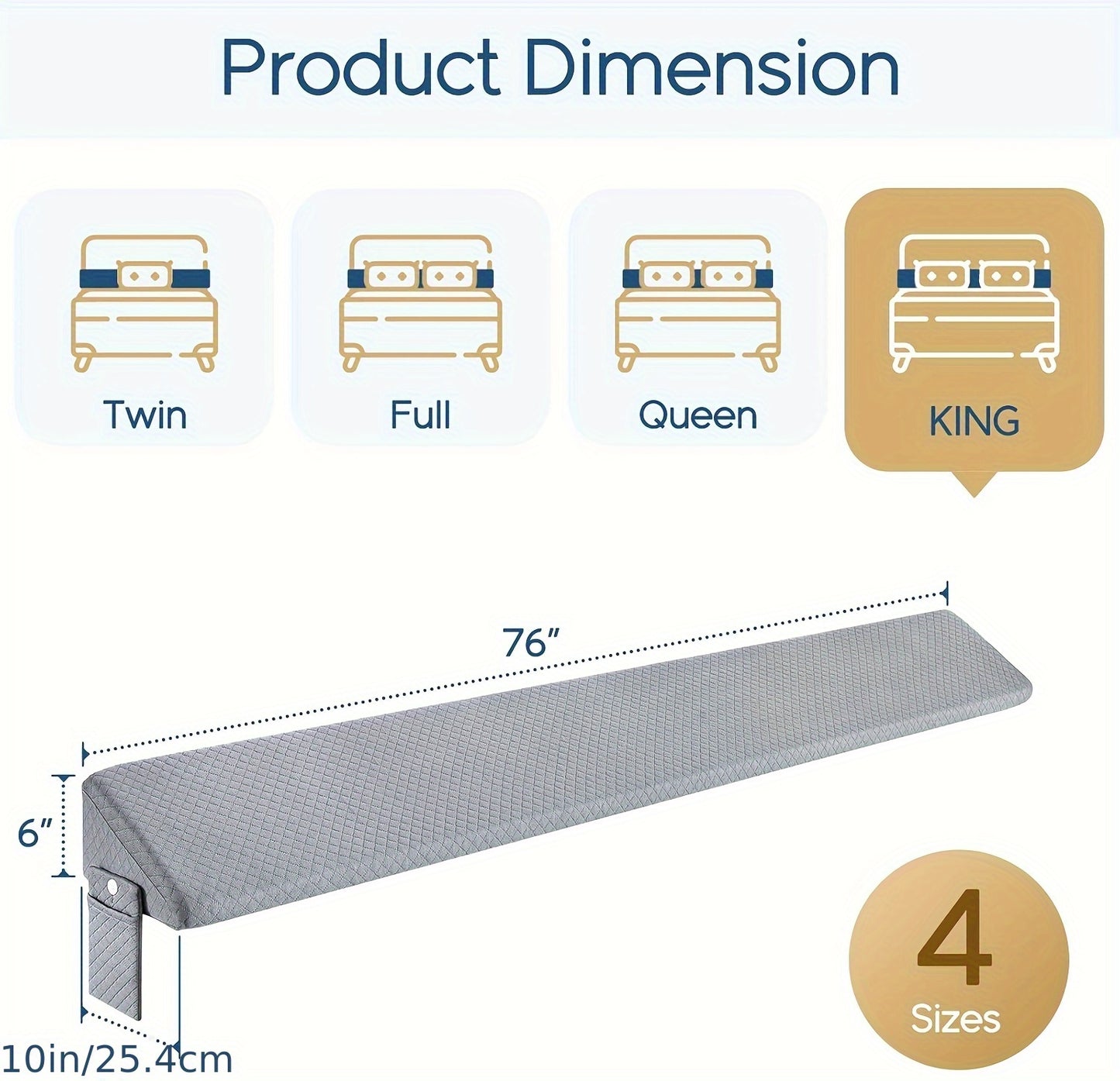 Measurement chart showing a 76-inch wide product with dimensions for the King size and options for a size in Twin, Full, Queen, and King bed sizes.