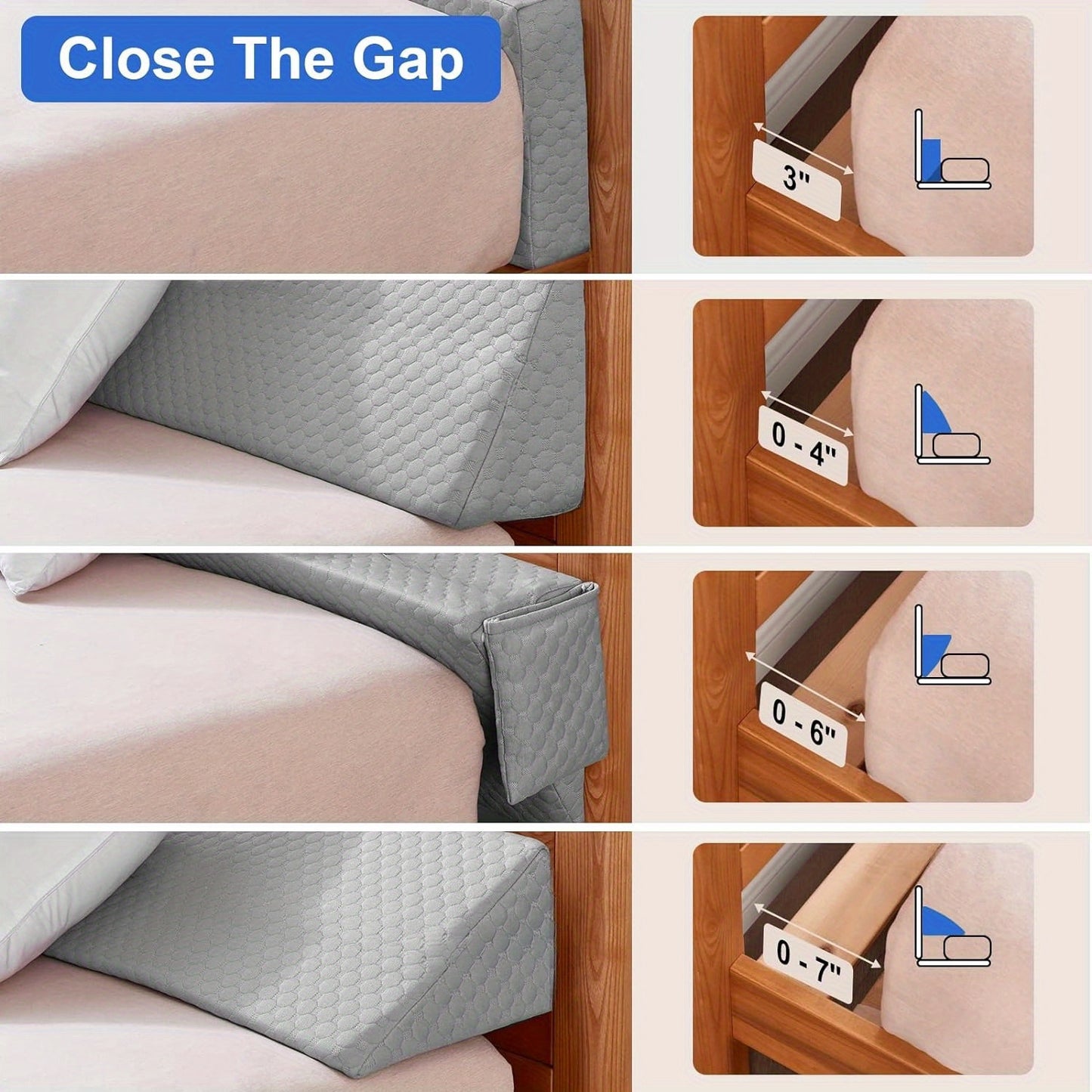 Bed wedge with measurements showing how to close the gap between mattress and bed frame.