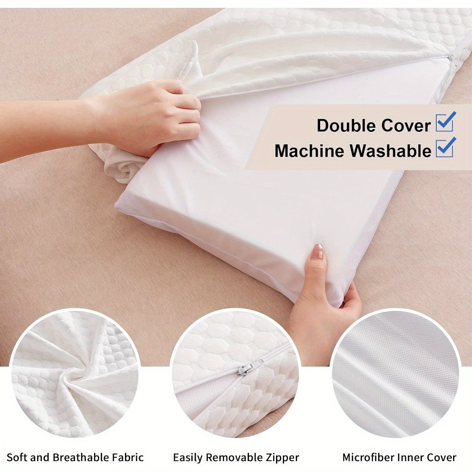 Person holding a double cover with machine washable feature, soft breathable fabric, easily removable zipper, and microfiber inner cover.