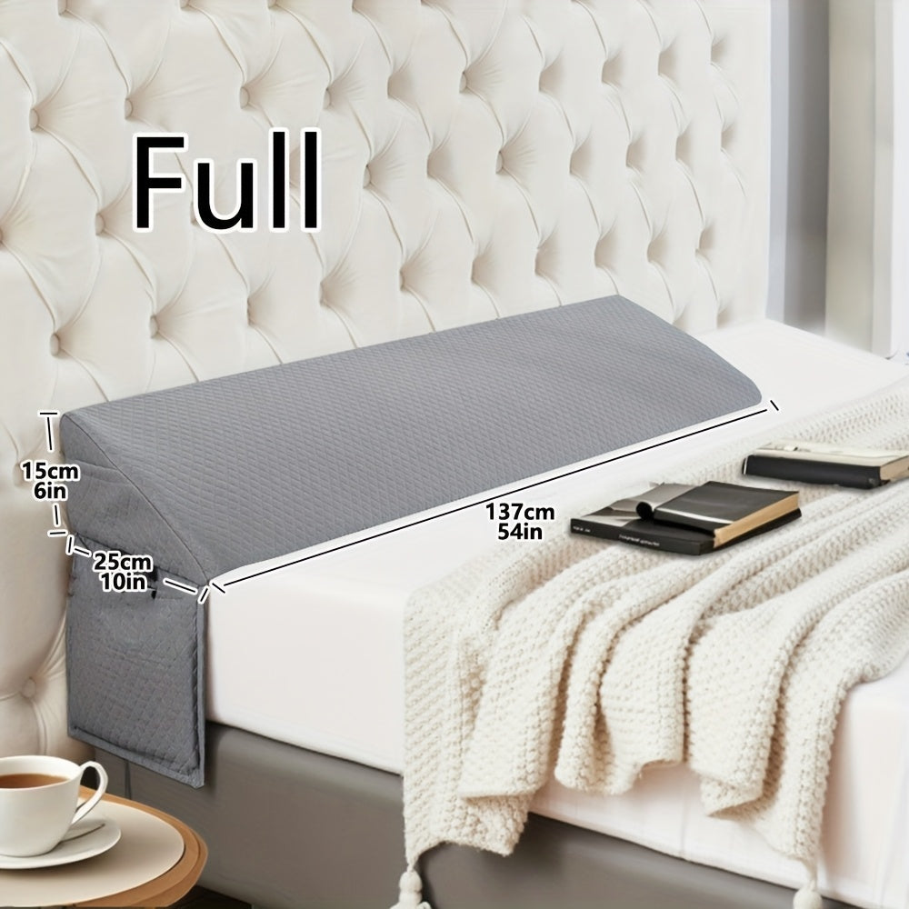 Grey mattress cover on a bed with measurements indicated, set against a white tufted headboard.