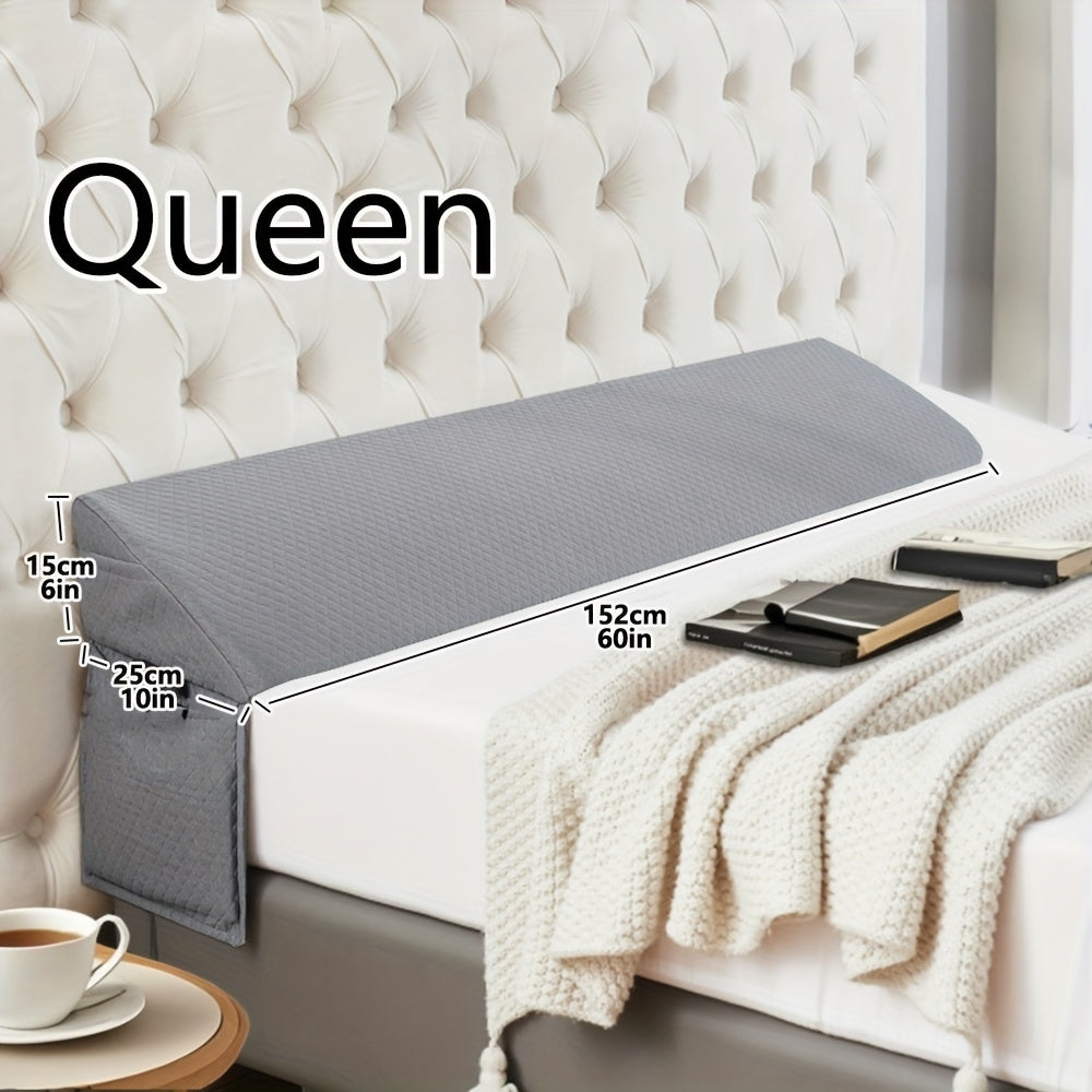 Grey mattress cover on a bed with dimensions displayed, against a white tufted headboard.