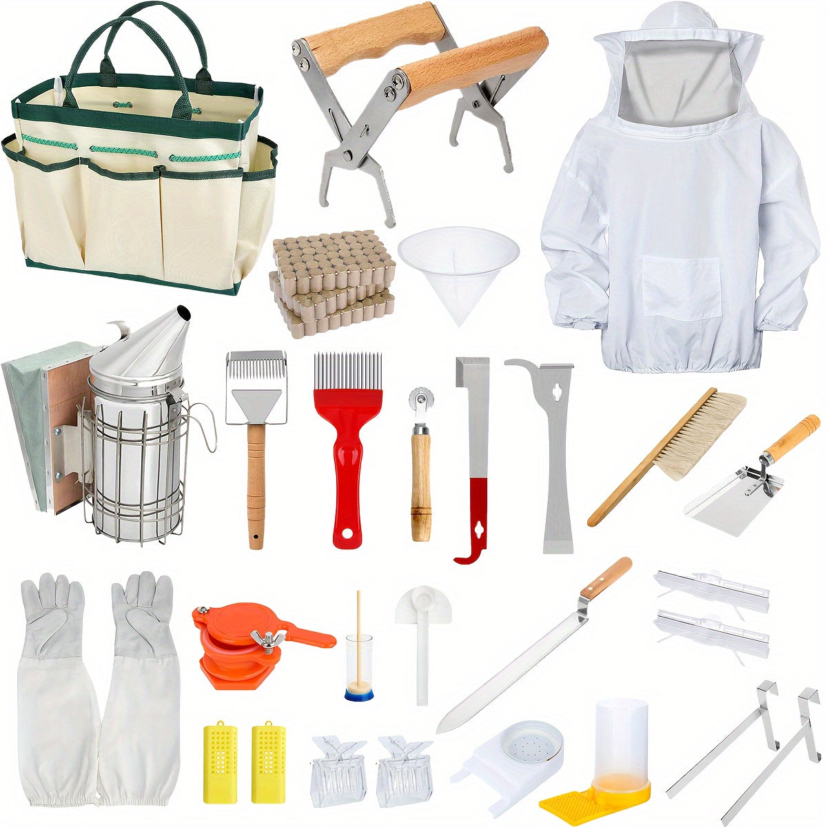 Collection of beekeeping tools including a bag, hive tool, smoker, gloves, and more on a white background.