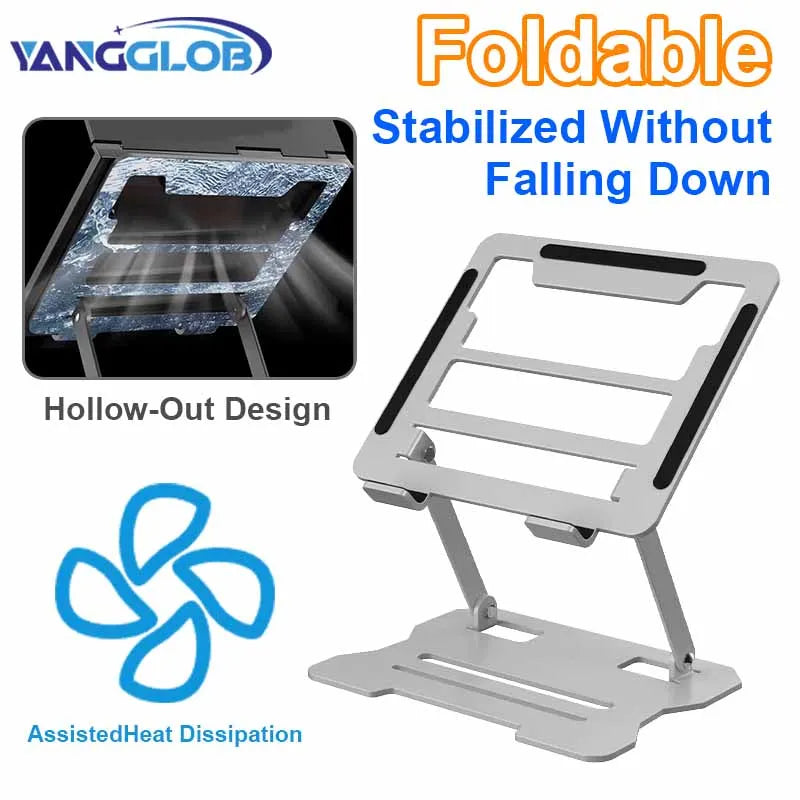 Foldable laptop stand with features highlighted on a white background