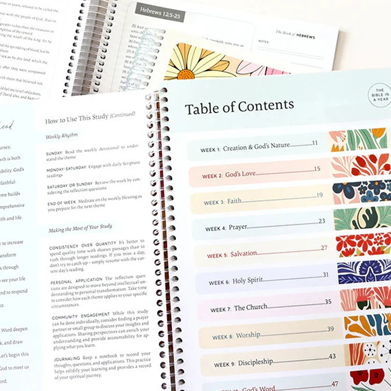 Open spiral-bound book titled 'The Bible in a Year' with floral design on cover