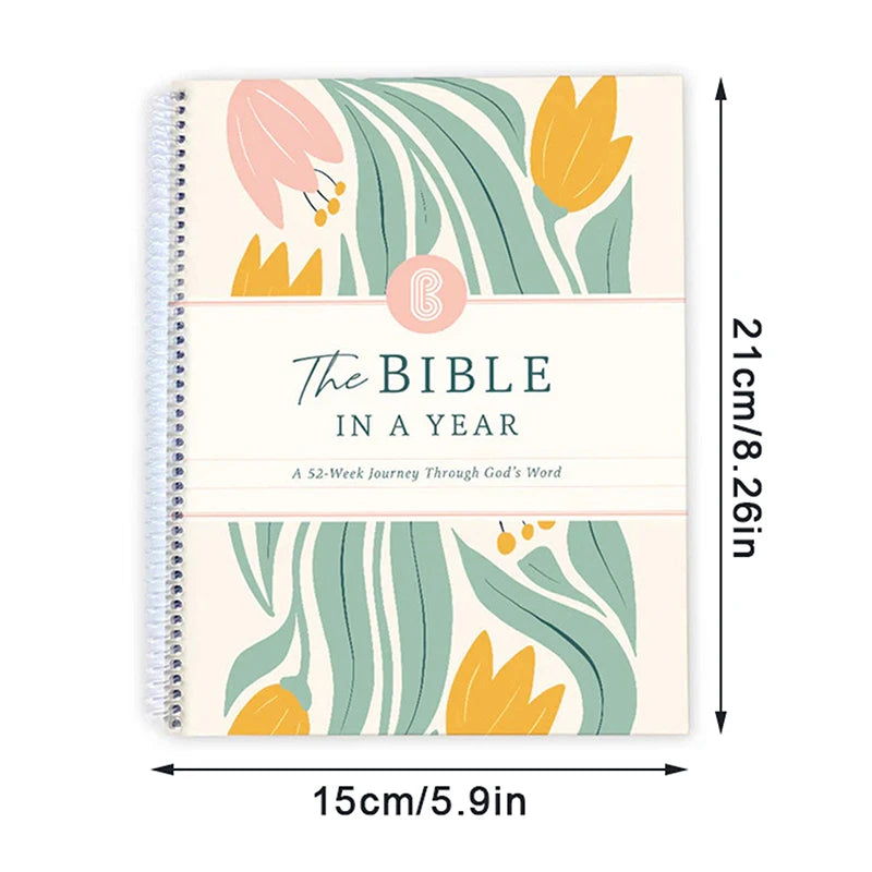 Floral design notebook titled 'The Bible in a Year' with dimensions displayed.