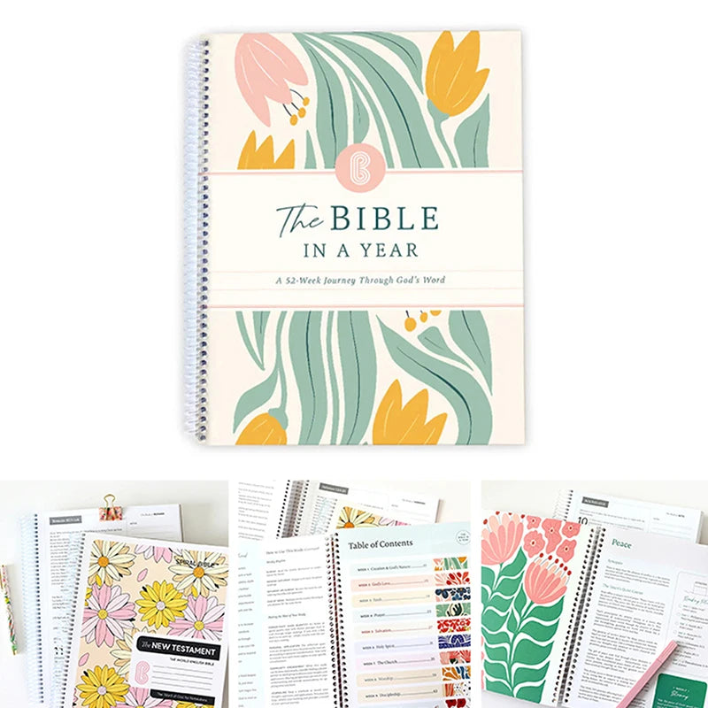 Bible reading plan book with floral design and open pages showing content.