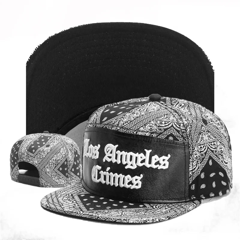 Black and white cap with 'Los Angeles Crimes' text on a white background