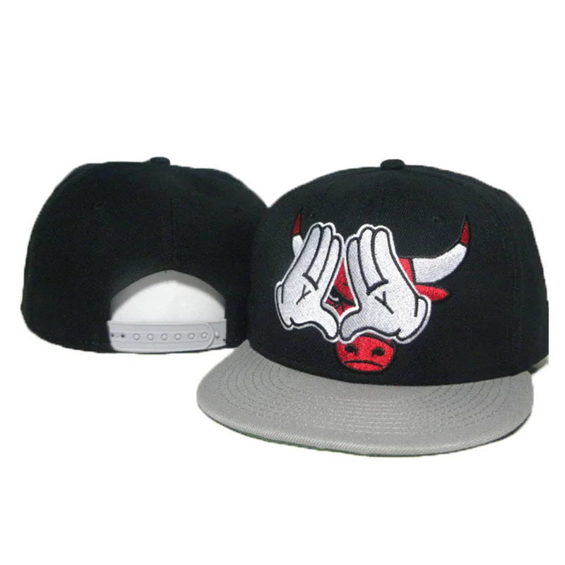 Black and gray cap with a bull logo on a white background