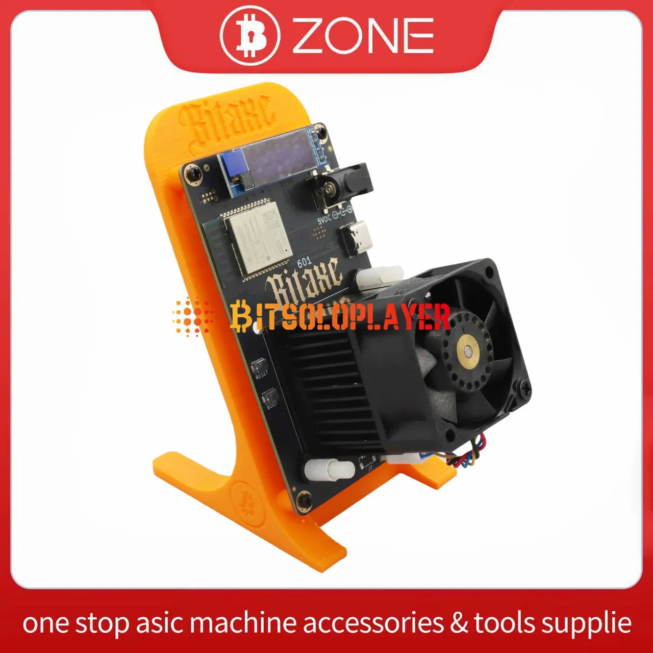 ASIC machine accessory with fan on an orange stand, branded 'Silenc', against a white background with 'Bitcoin Zone' logo.