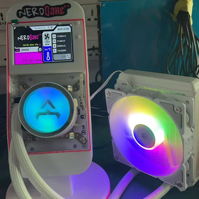 Computer cooling system with RGB lighting and digital display on a blurred background