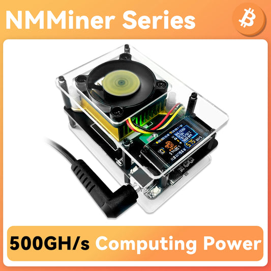 NMMiner Series Bitcoin mining hardware with fan and digital display on a white background