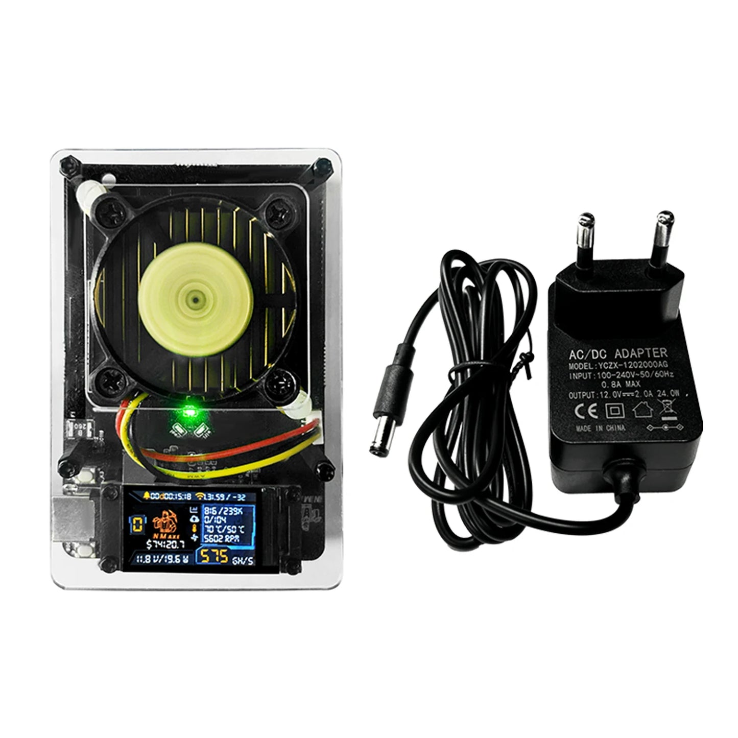 Bitaxe NMAxe BM1366 with fan and display next to a power adapter on a white background