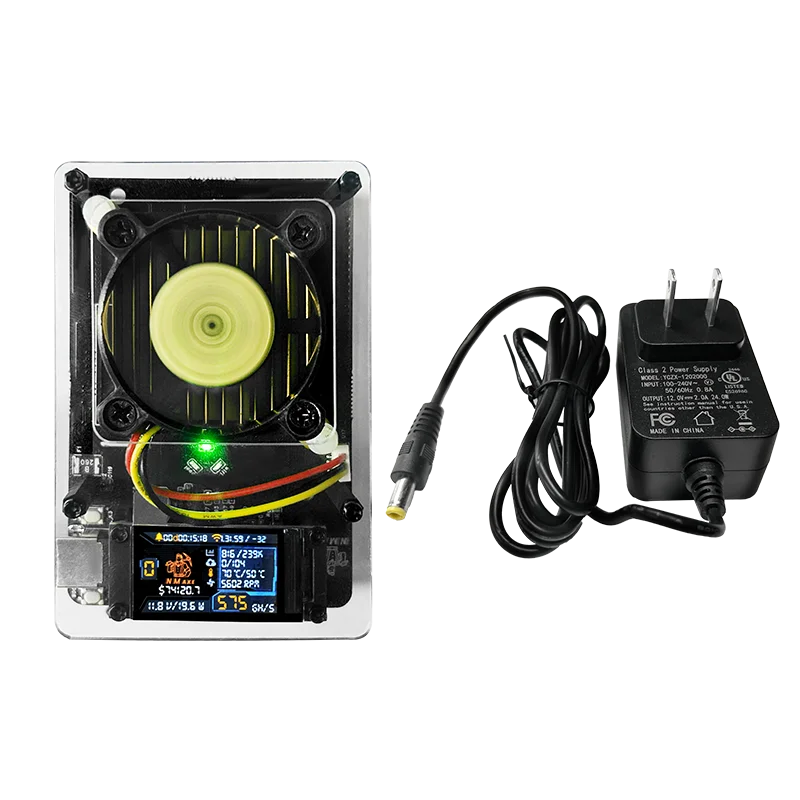 Electronic Bitaxe NMAxe with fan and display on a white background