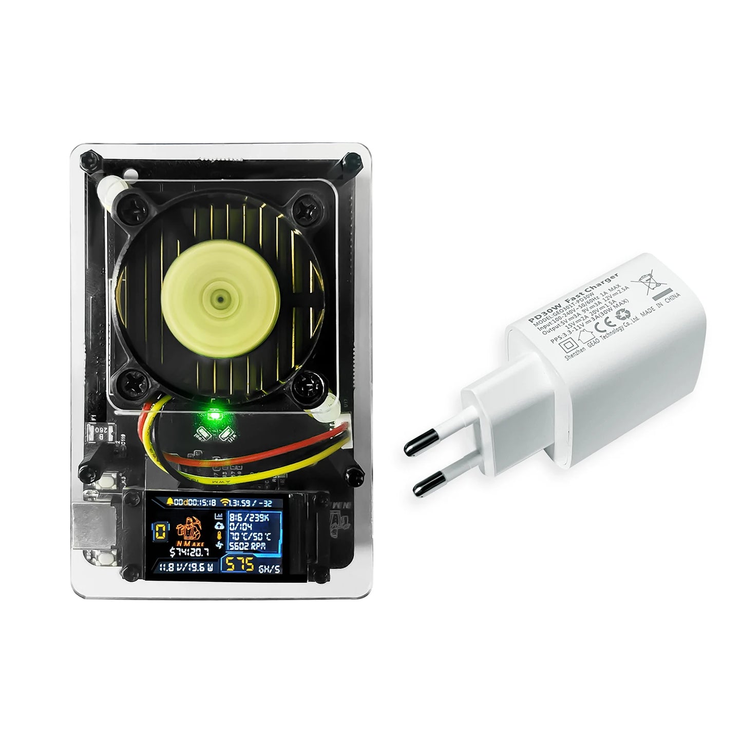 Bitaxe NMAxe BM1366 with fan and display next to a power adapter on a white background