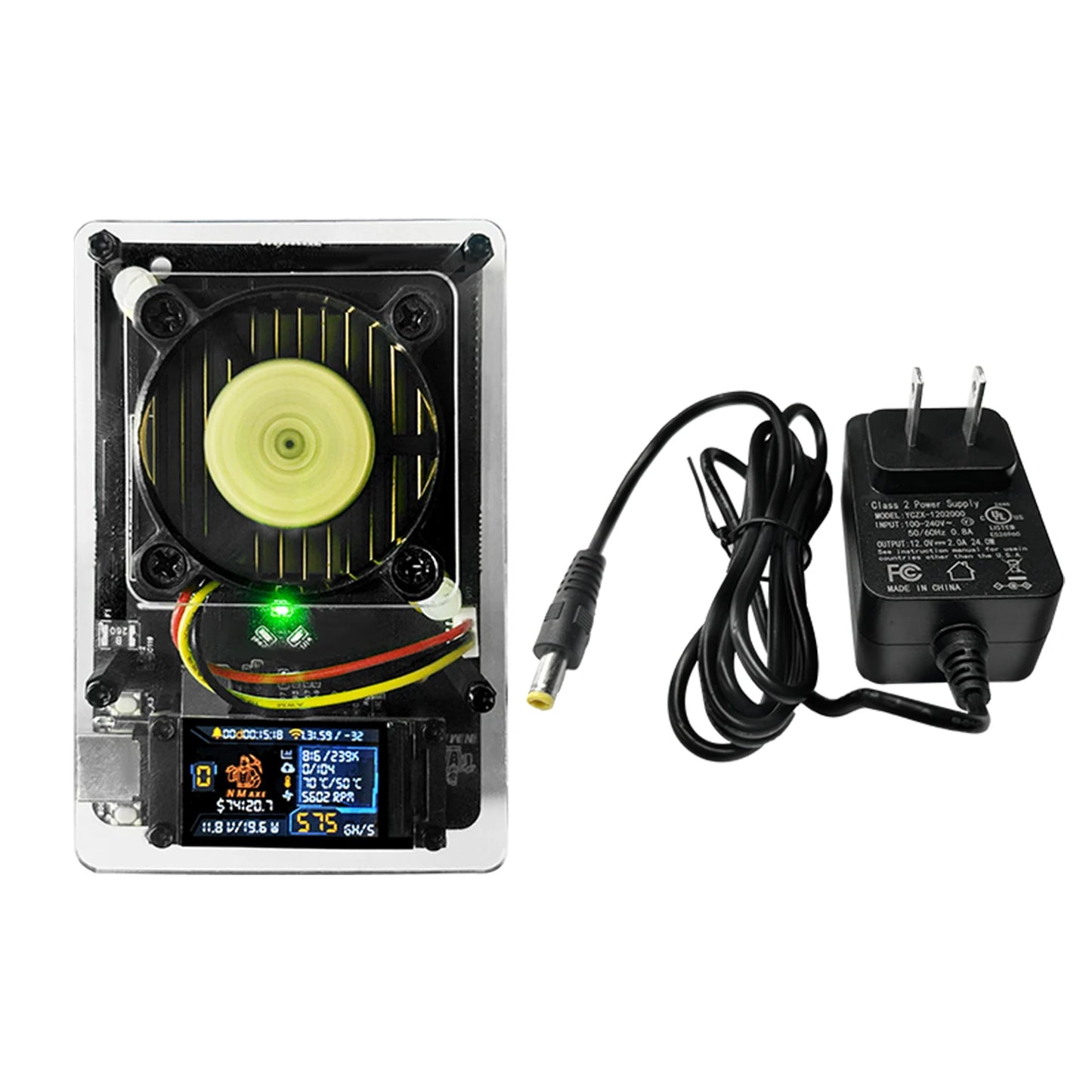 Electronic Bitaxe NMAxe with fan and display on a white background
