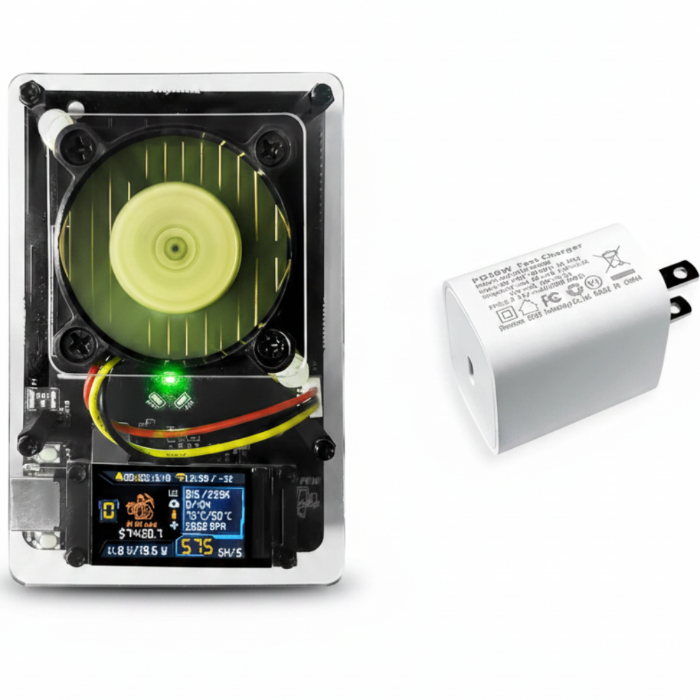 BitAxe NerdMiner with fan and display on a white background