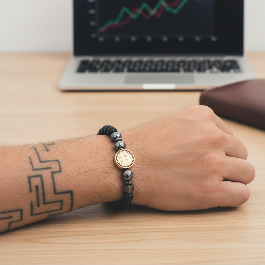 A person's tattooed wrist wearing a black beaded bracelet with a gold Bitcoin coin charm, resting on a wooden desk with a laptop in the background.