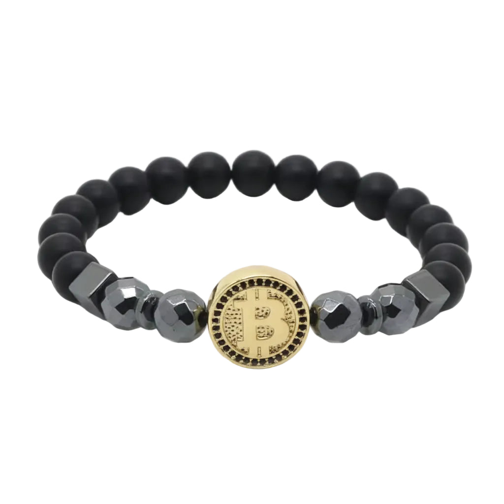 Black beaded bracelet with a gold Bitcoin symbol charm on a white background.